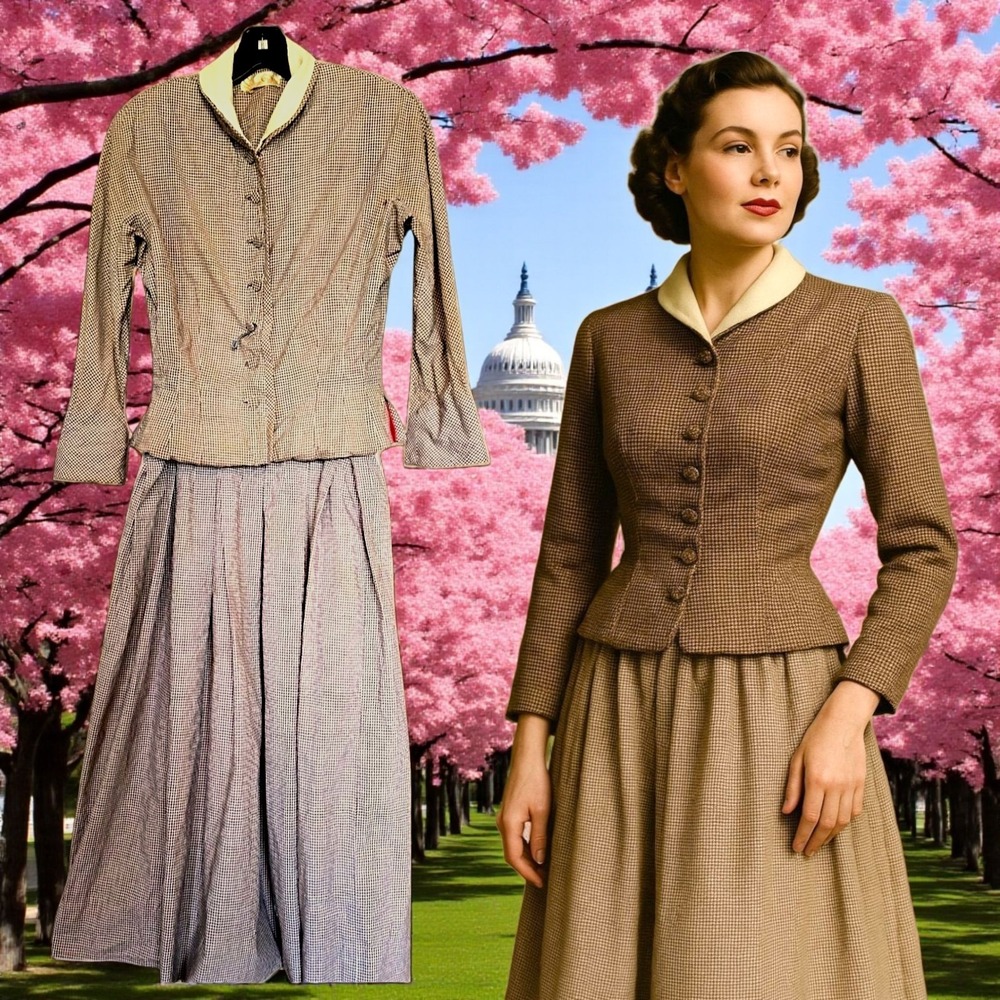 Vintage 1940s 50s Selma Gowns Washington DC Alfreda Brown Gingham Suit Set...